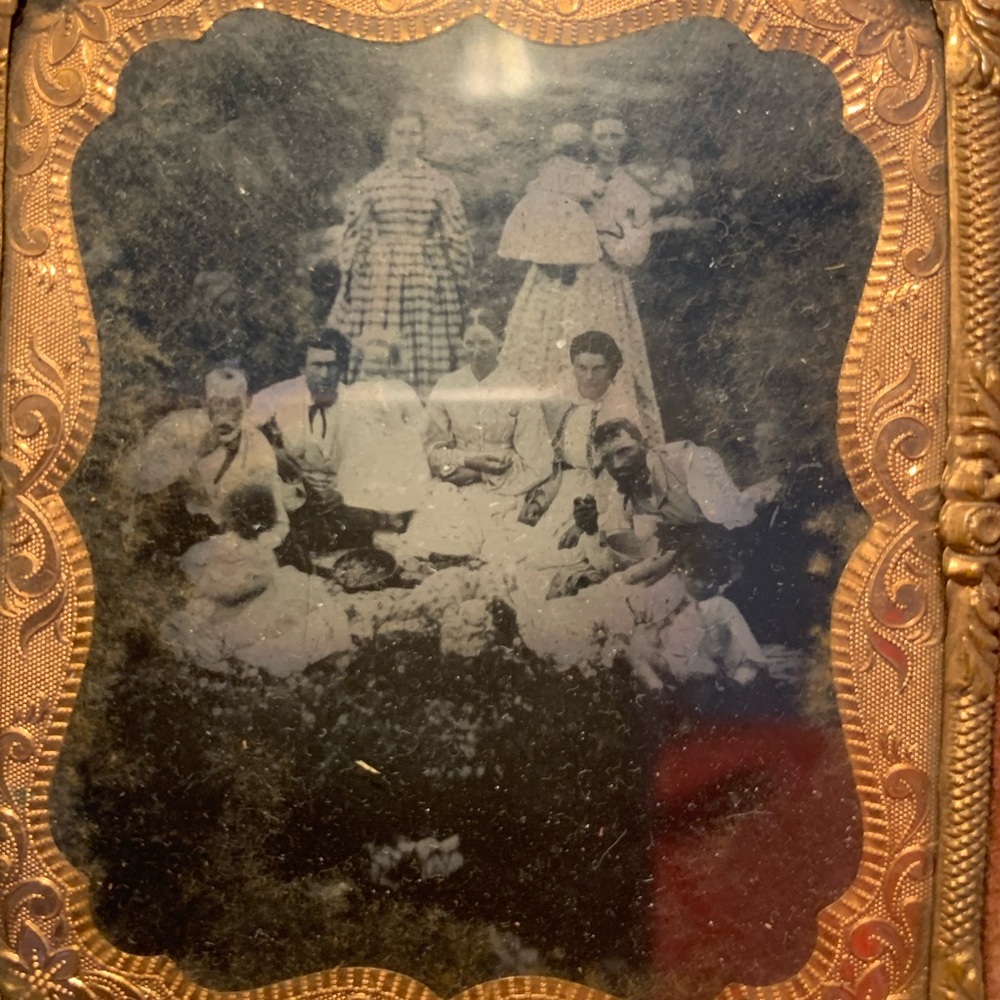 Antique Daguerreotype Photo of large family gathering.
